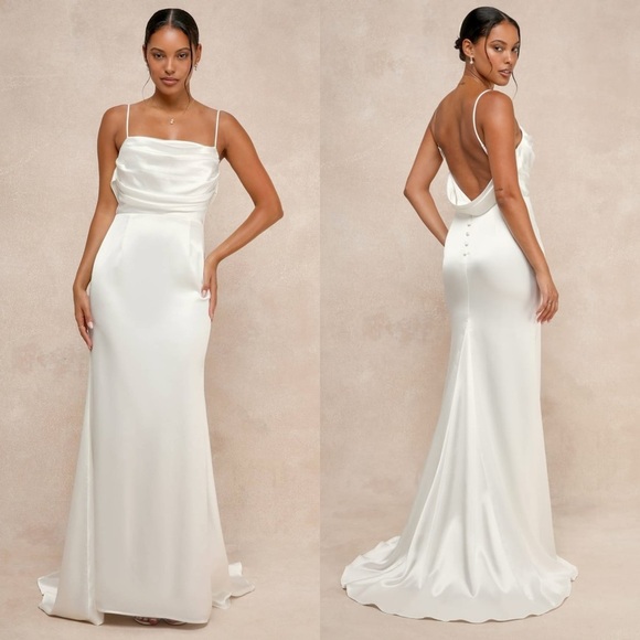 Size L Lulus Lovely Endearment White Satin Sleeveless Backless Maxi‎ Dress - Picture 1 of 8